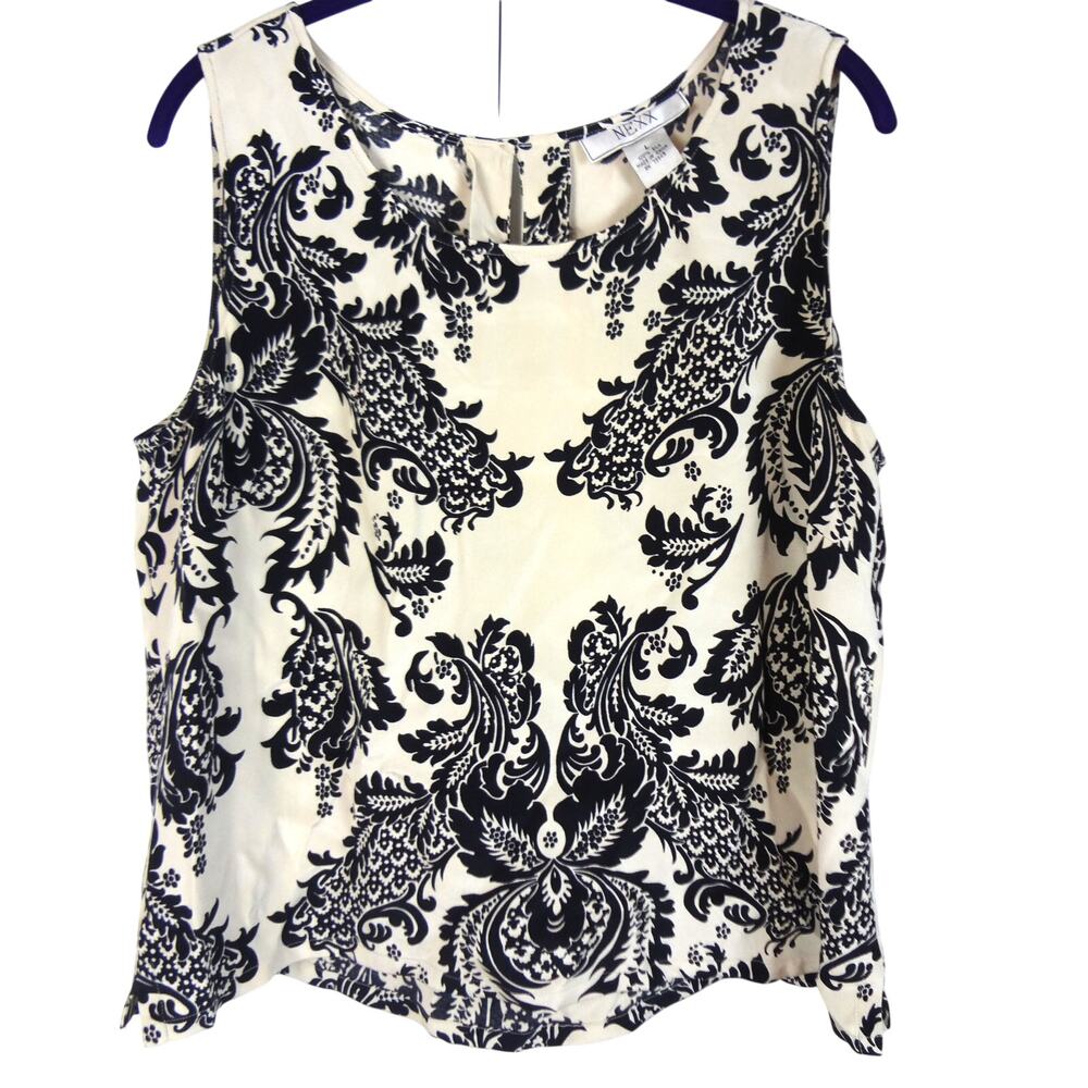 Vintage 90s Y2K NEXX 100% SILK Tank Top Damask Womens Large Cami Cream Black